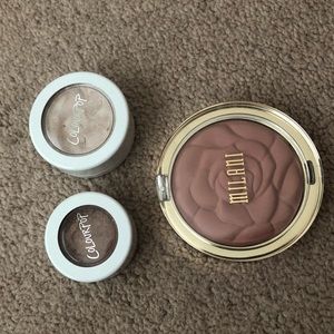 colorpop eyeahadow, highlighter, milani blush set